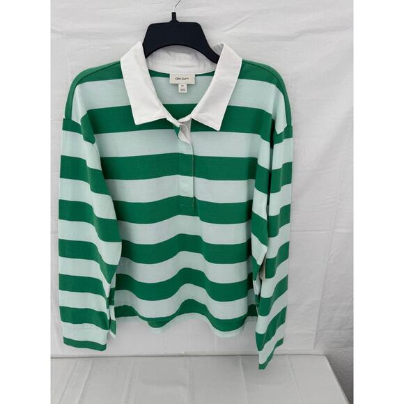 Other Tops - ON-34TH Women’s XXL Green & White Striped Polo Knit Long Sleeve Shirt